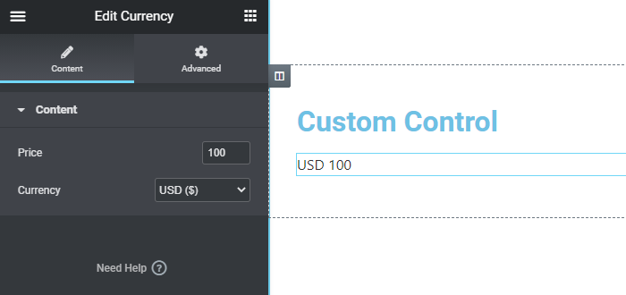 Currency control in a widget
