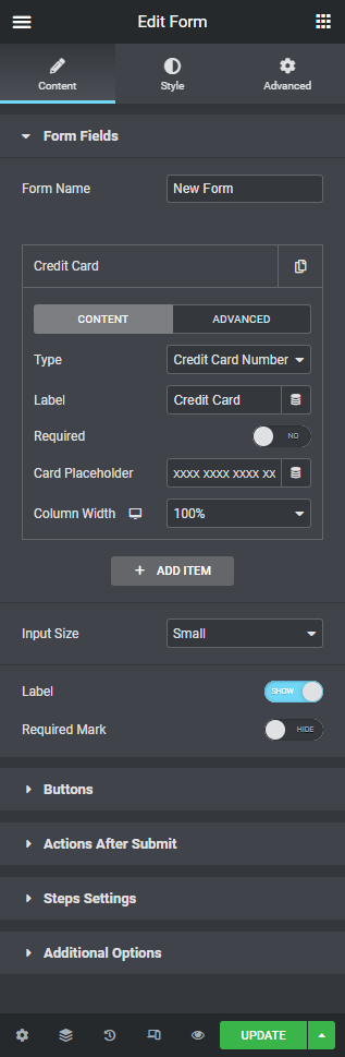 Elementor Form - Credit Card Number Field