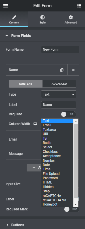 Elementor Form Fields