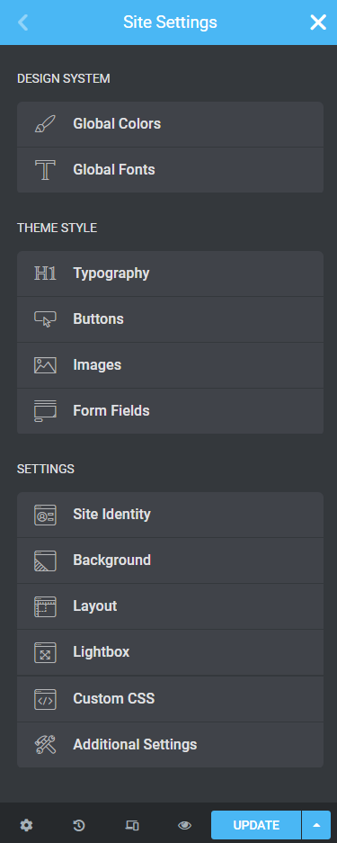 Elementor Site Settings Panel