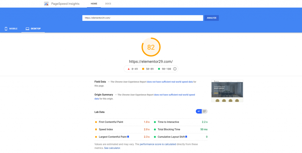 PageSpeed Insights - Elementor 2.9