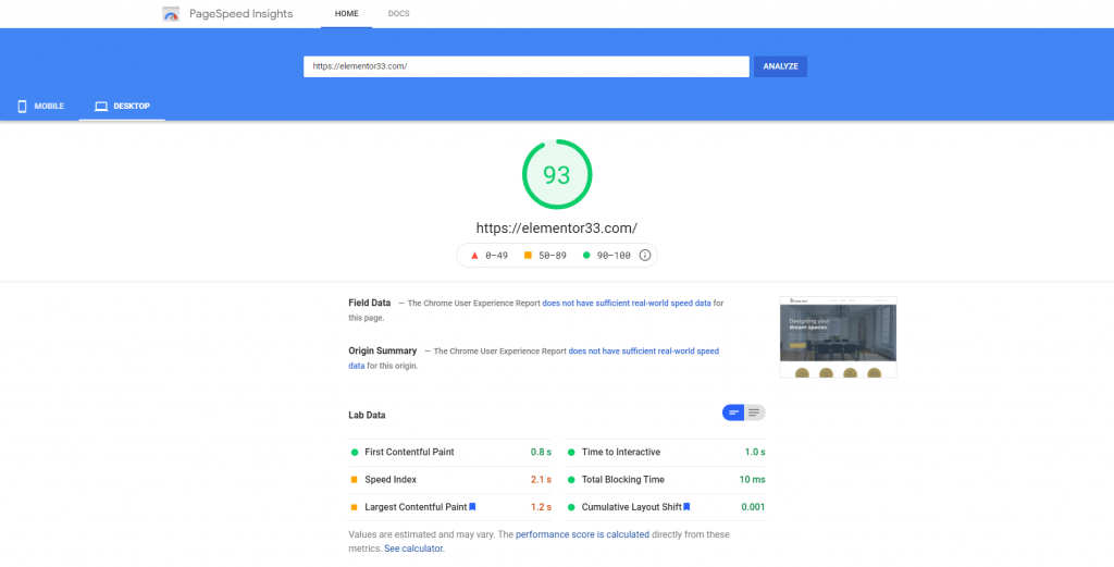 PageSpeed Insights - Elementor 3.3